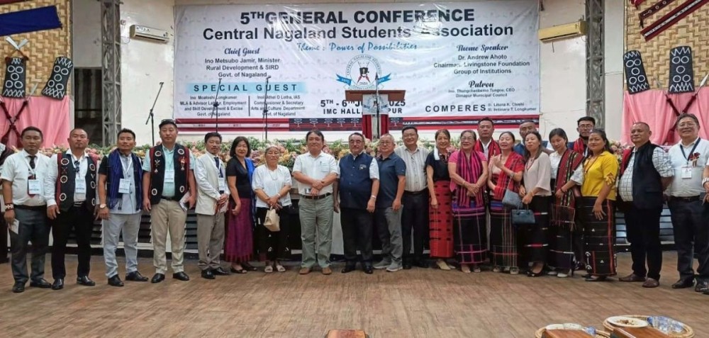 Minister Metsubo Jamir along with CNSA officials and other dignitaries, during the inaugural session of the 5th General Conference of the Central Nagaland Students' Association, held on June 6 at IMC Hall, Dimapur.